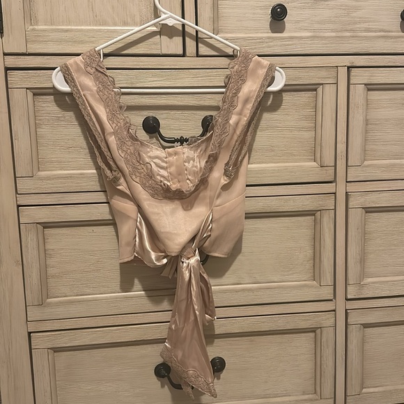 ASOS Nude Lace Silk Button Up Tank Top Bow Tie In Back Button Down Dressy Small - Picture 4 of 10